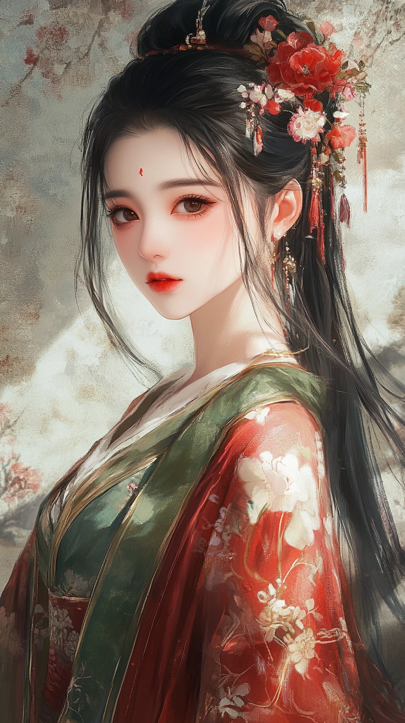 Retrato de joven mujer elegante con hanfu rojo y verde
