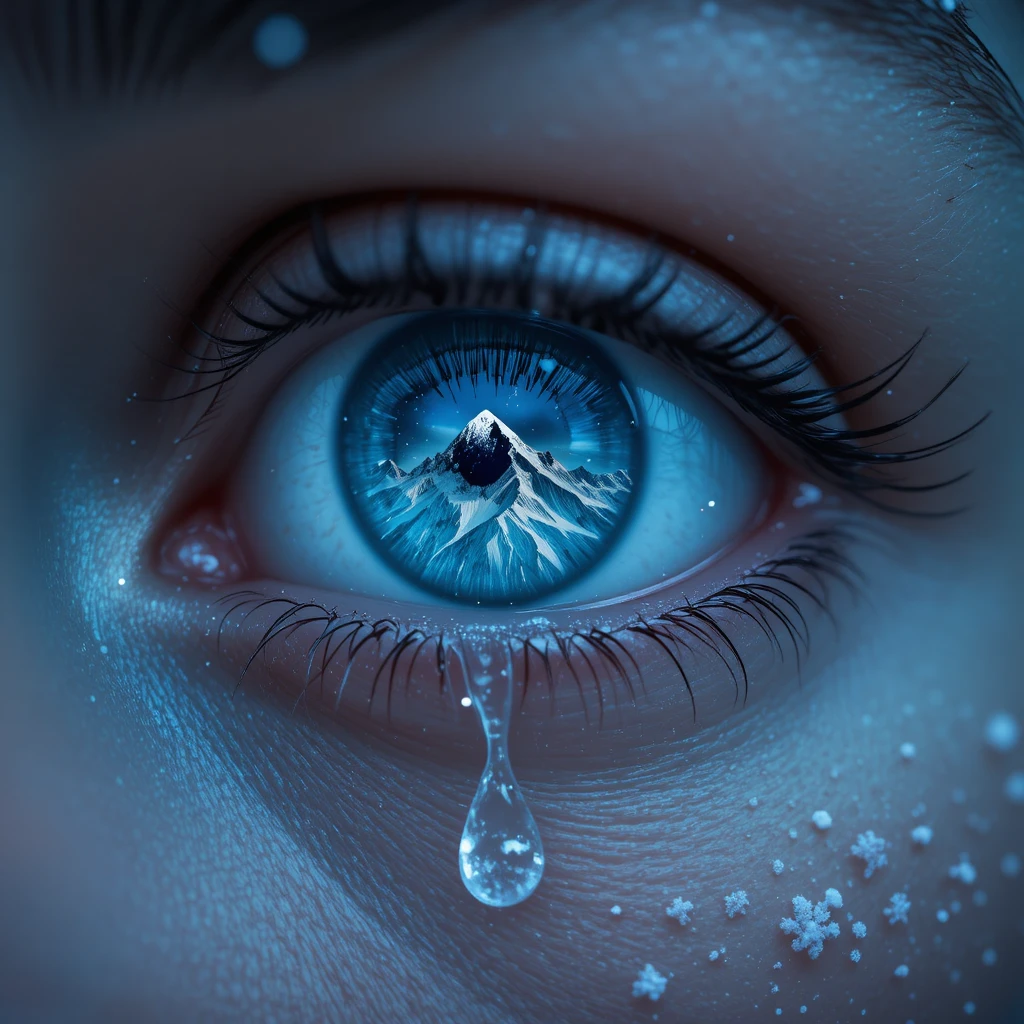 Primer plano macro de un ojo azul llorando que refleja una montaña nevada