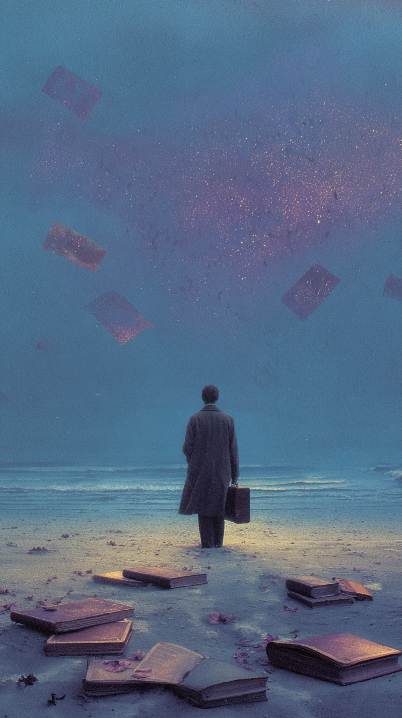 Figura solitaria en una costa crepuscular sosteniendo un carrete de cine brillante