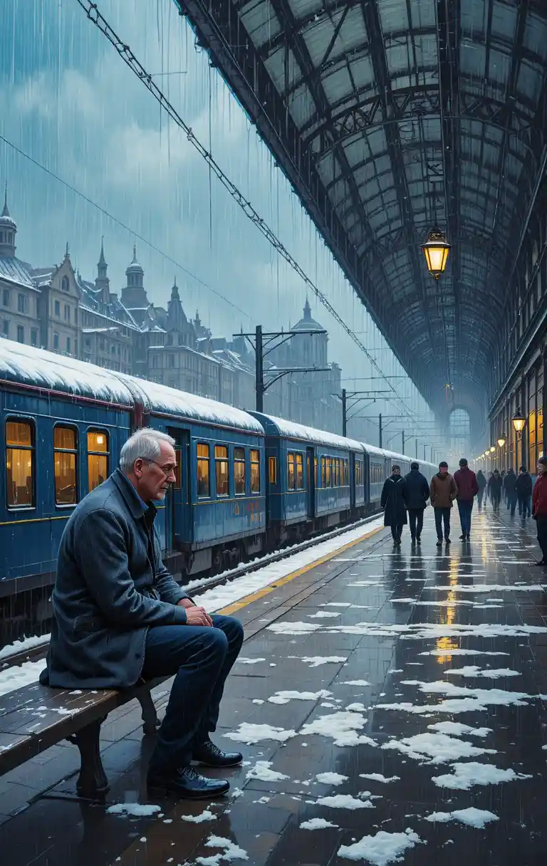 Anziano in attesa su un binario urbano invernale sotto la pioggia