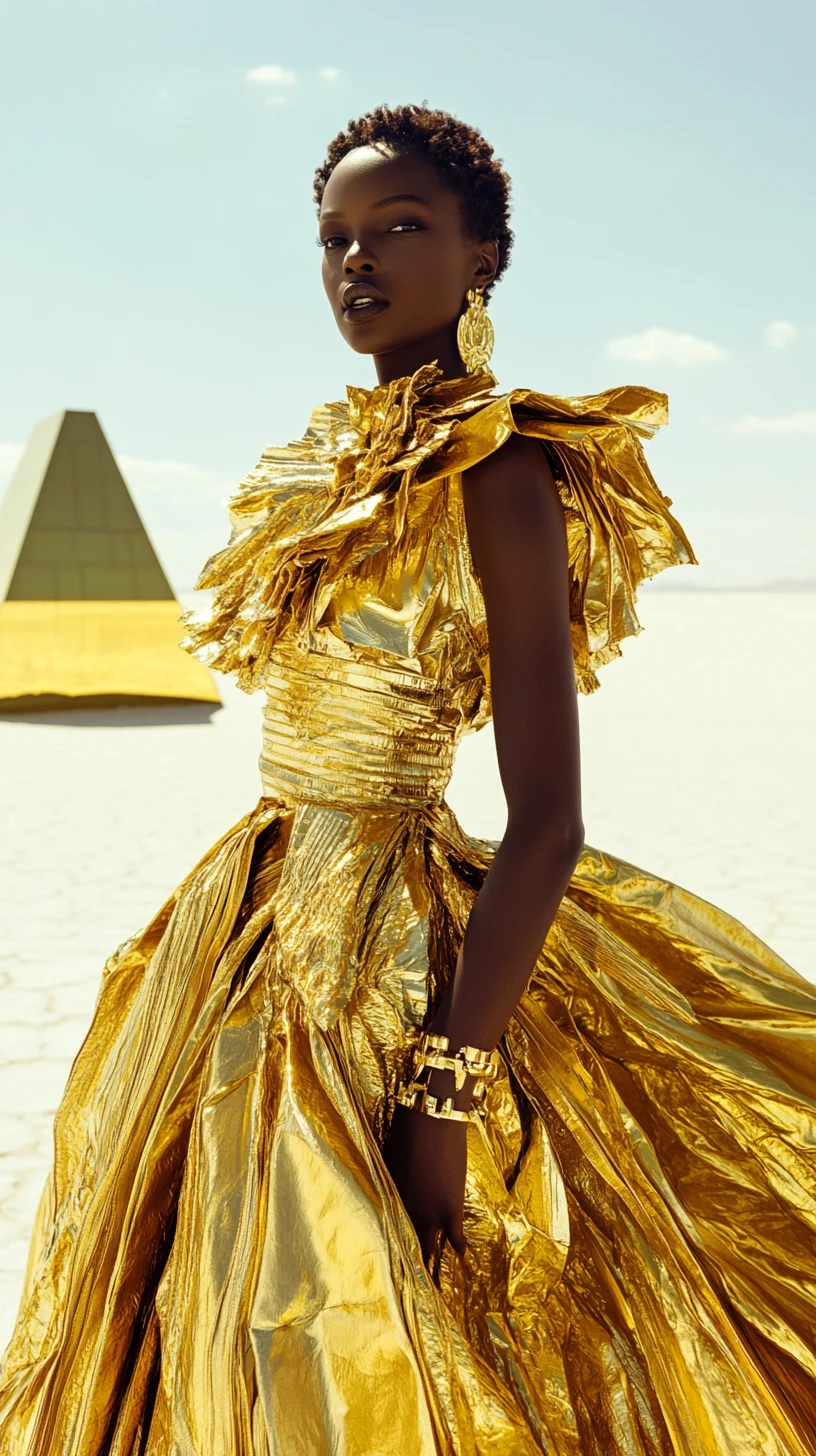 Afrofuturistic fashion woman on desert salt flat