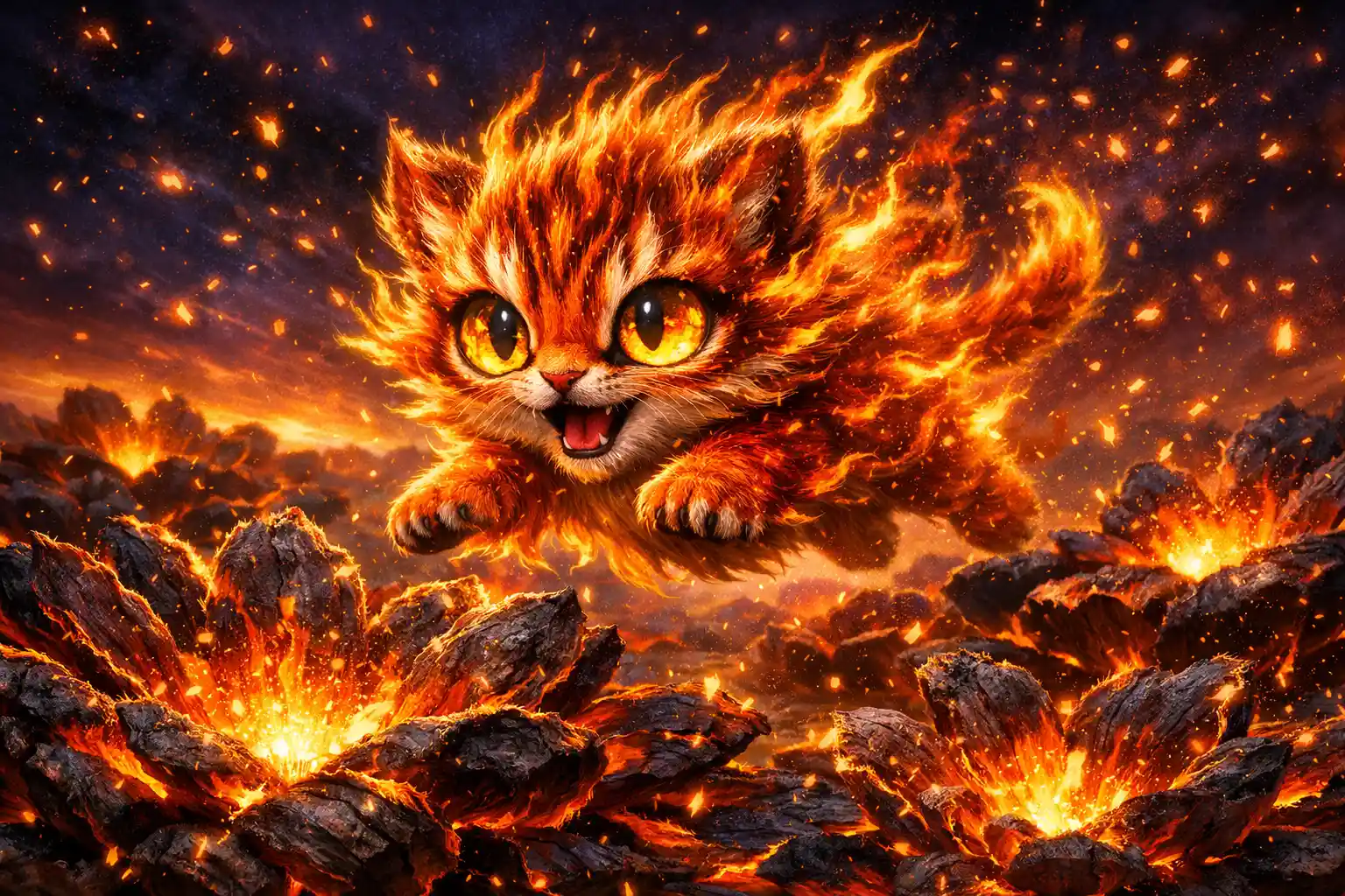 Tiny flame tiger cub leaping through molten lava flowers