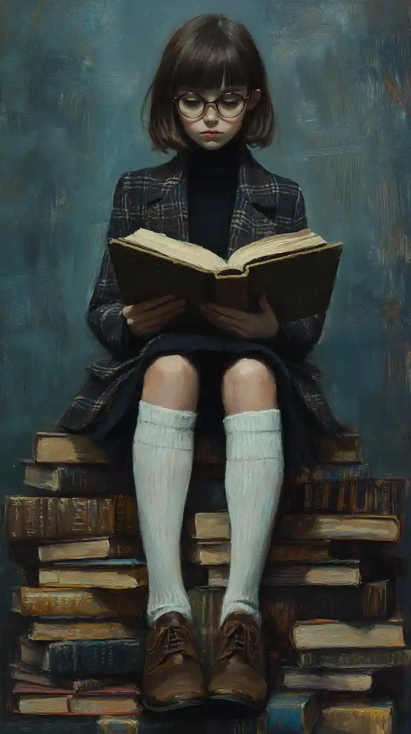 Studious girl reading on a stack of books oil portrait