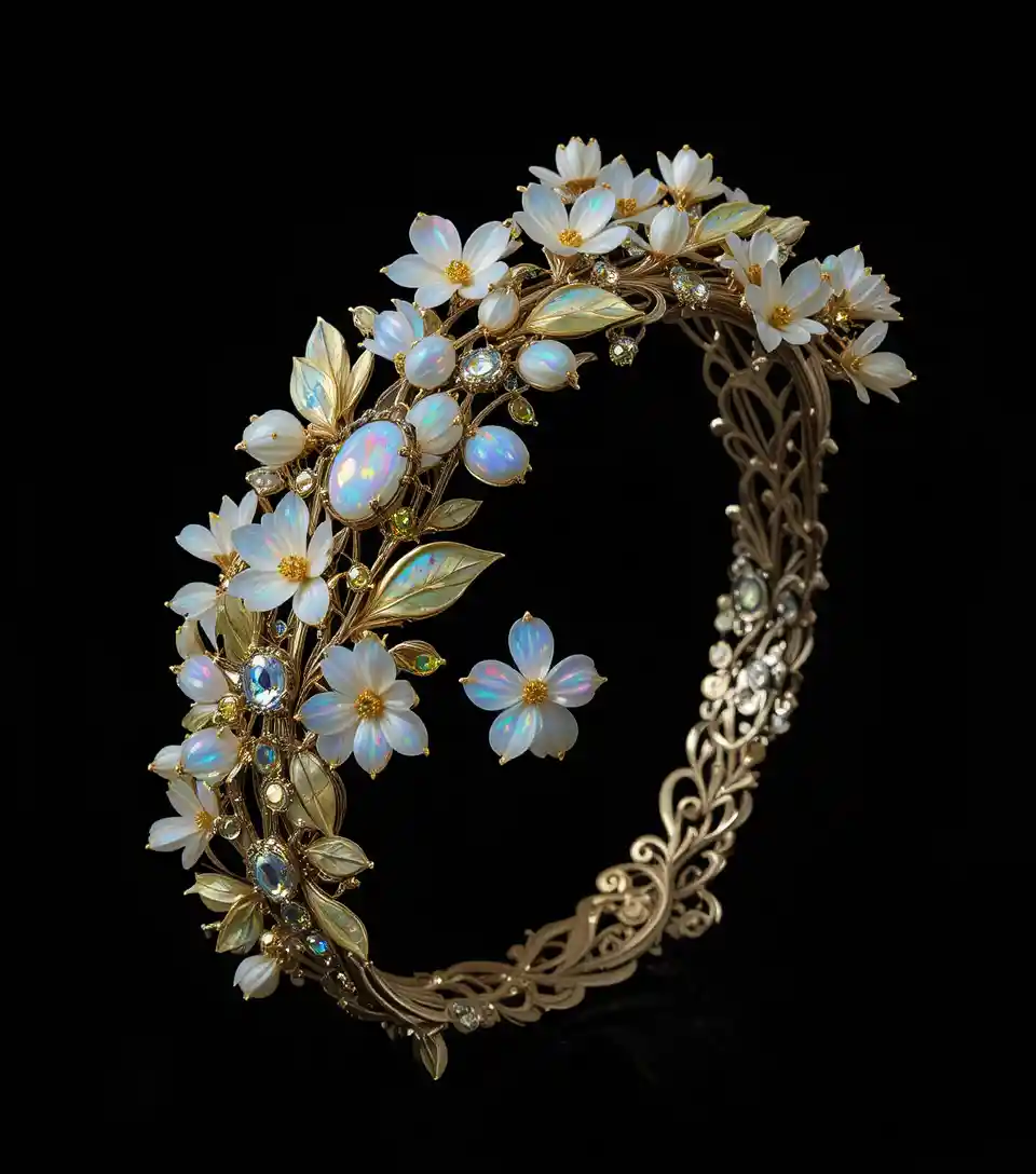 Platinum and gold filigree bracelet with opal edelweiss garland