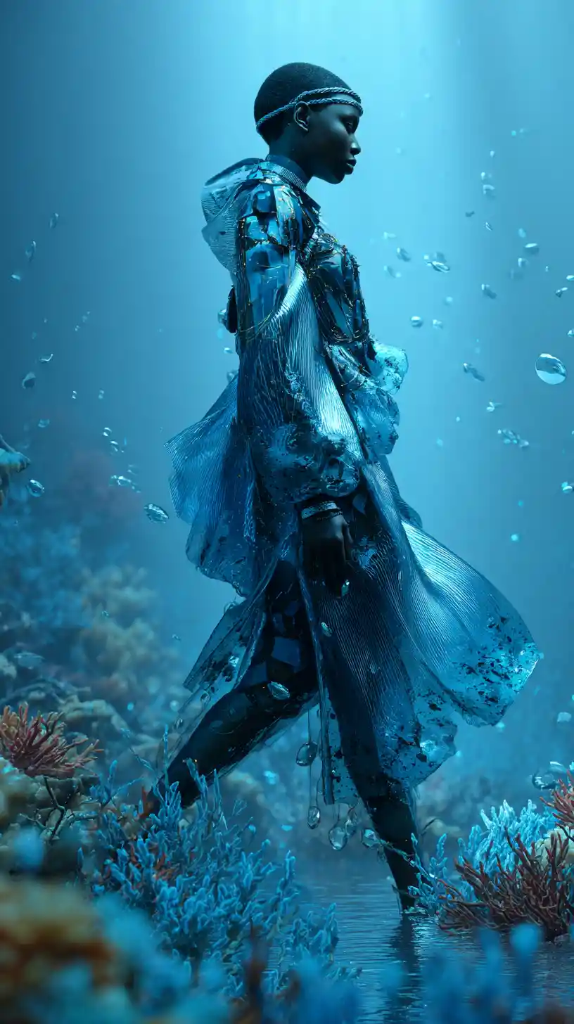 Afrofuturistic model walking a surreal underwater fashion runway