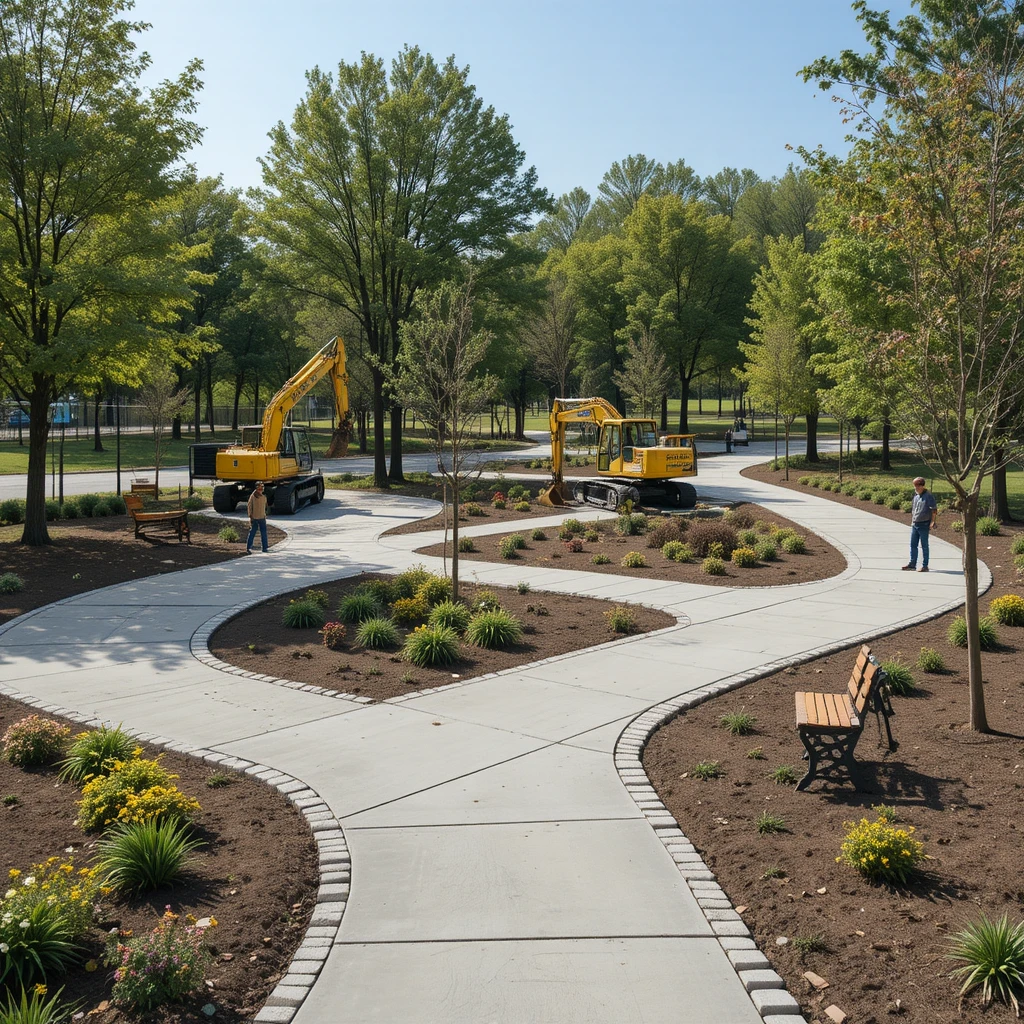Parc urbain en rénovation avec ouvriers et engins de chantier