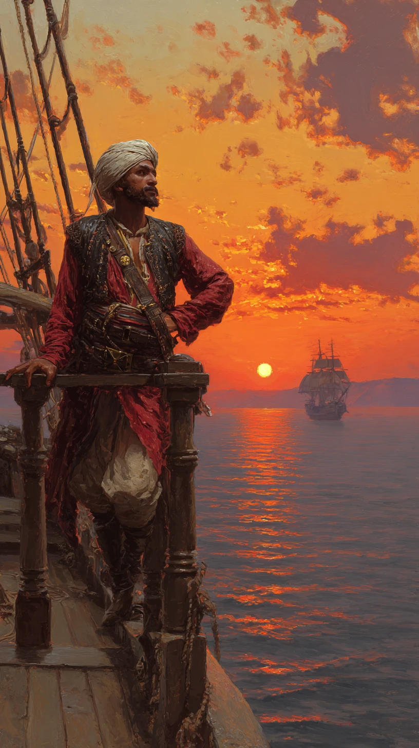 Algerian corsair captain on his xebec at sunset
