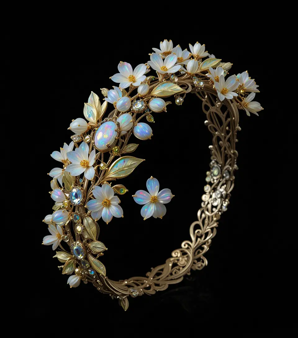 Platinum and gold filigree bracelet with opal edelweiss garland