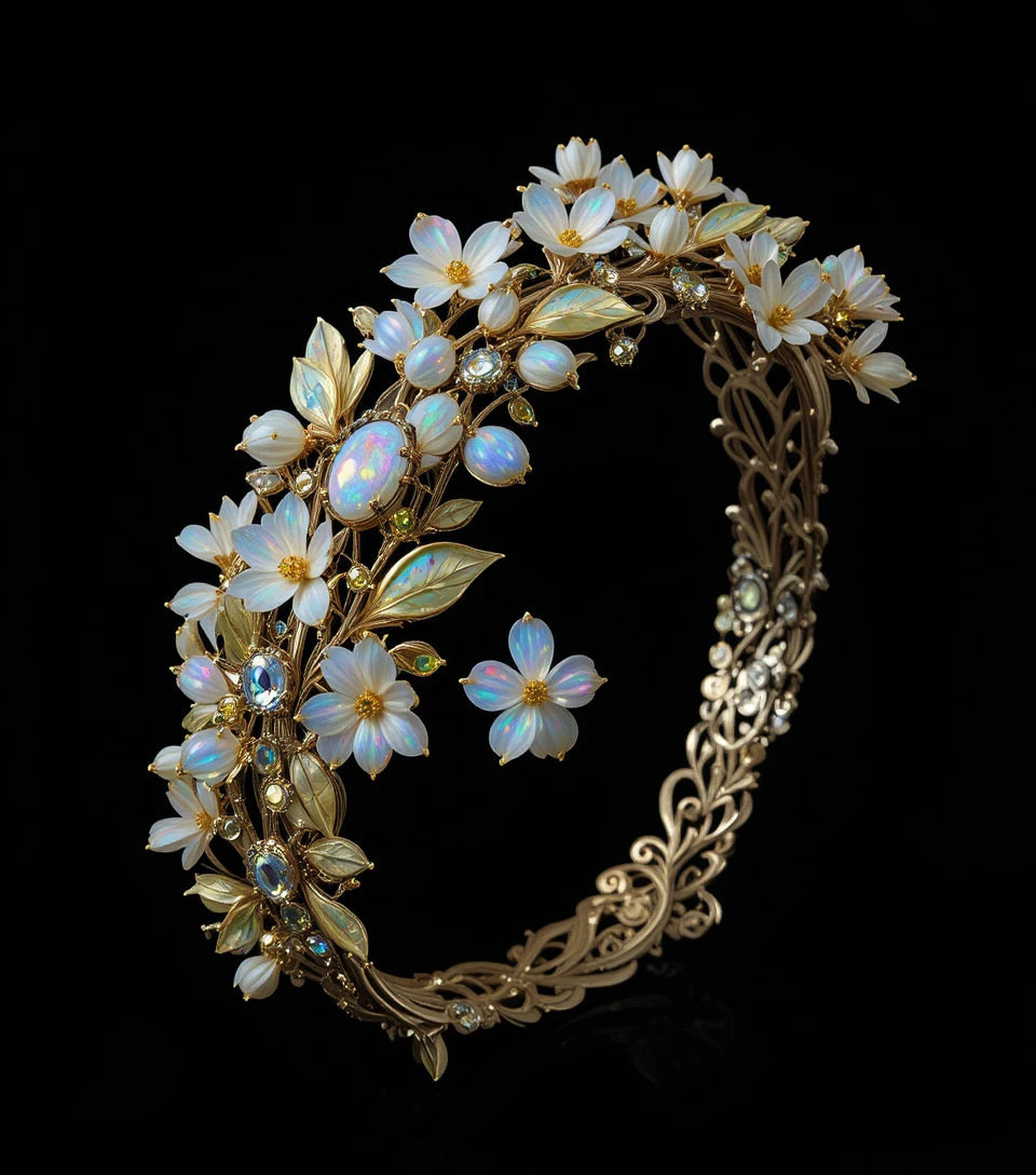 Bracciale in filigrana di platino e oro con ghirlanda di stelle alpine in opale