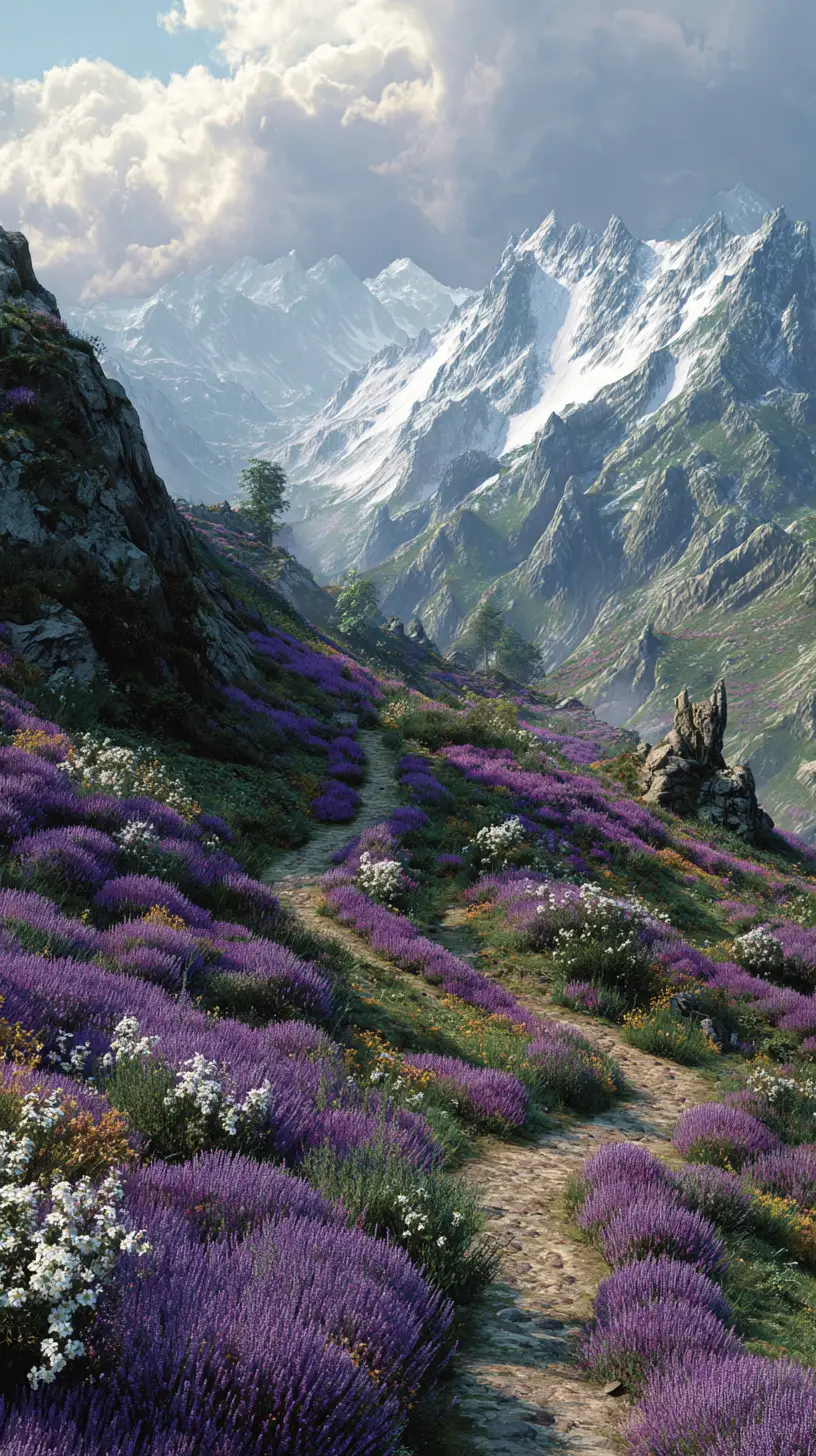 Mountain path winding through lavender towards distant snowy peaks