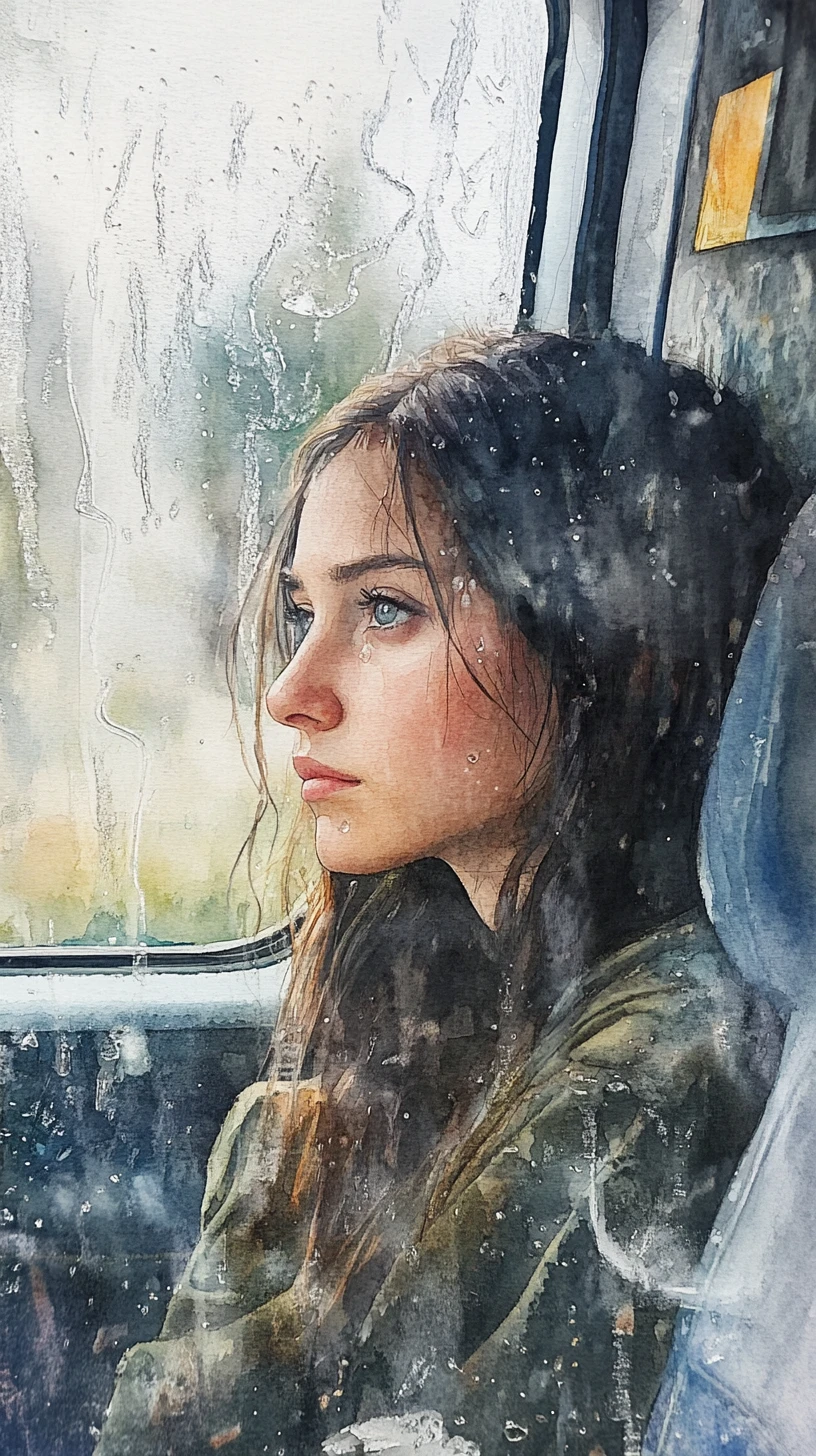 Ragazza malinconica su un treno sotto la pioggia in pittura ad acquerello