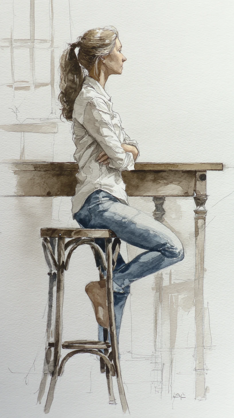 Aquarell einer jungen Frau, die sich an einen hohen Tisch lehnt