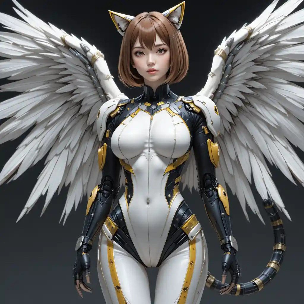 Armored anime woman with angel wings and mechanical cat ears