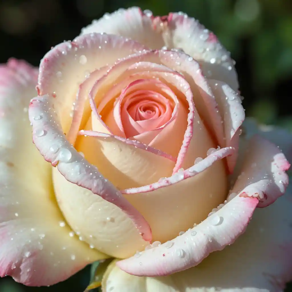Primo piano di rosa bianca con petali dalle punte rosa e rugiada