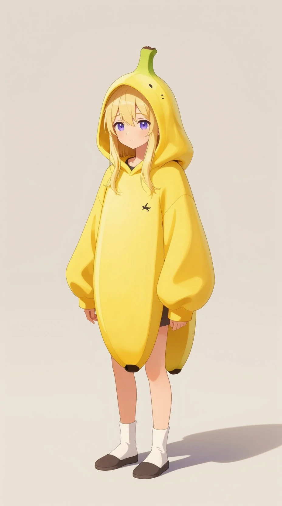 Anime girl in oversized banana hoodie on soft neutral background