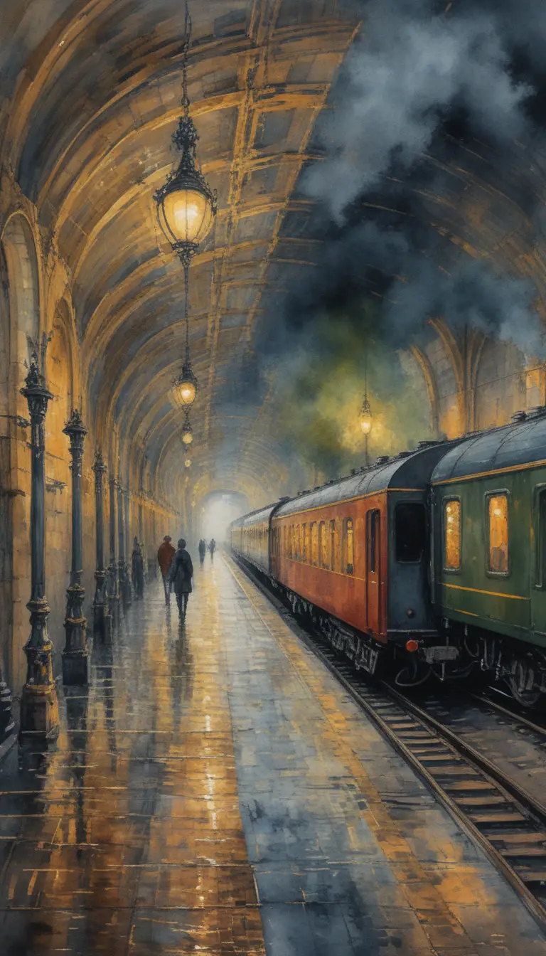 Victorian steam train beneath vaulted gothic station arches