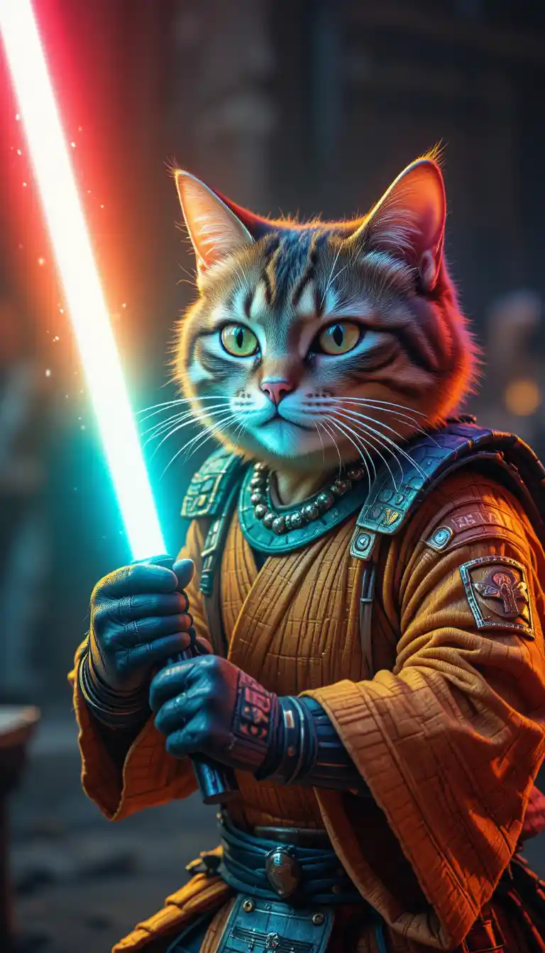 Samurai-Katze mit leuchtendem Lichtschwert im satirischen Stil