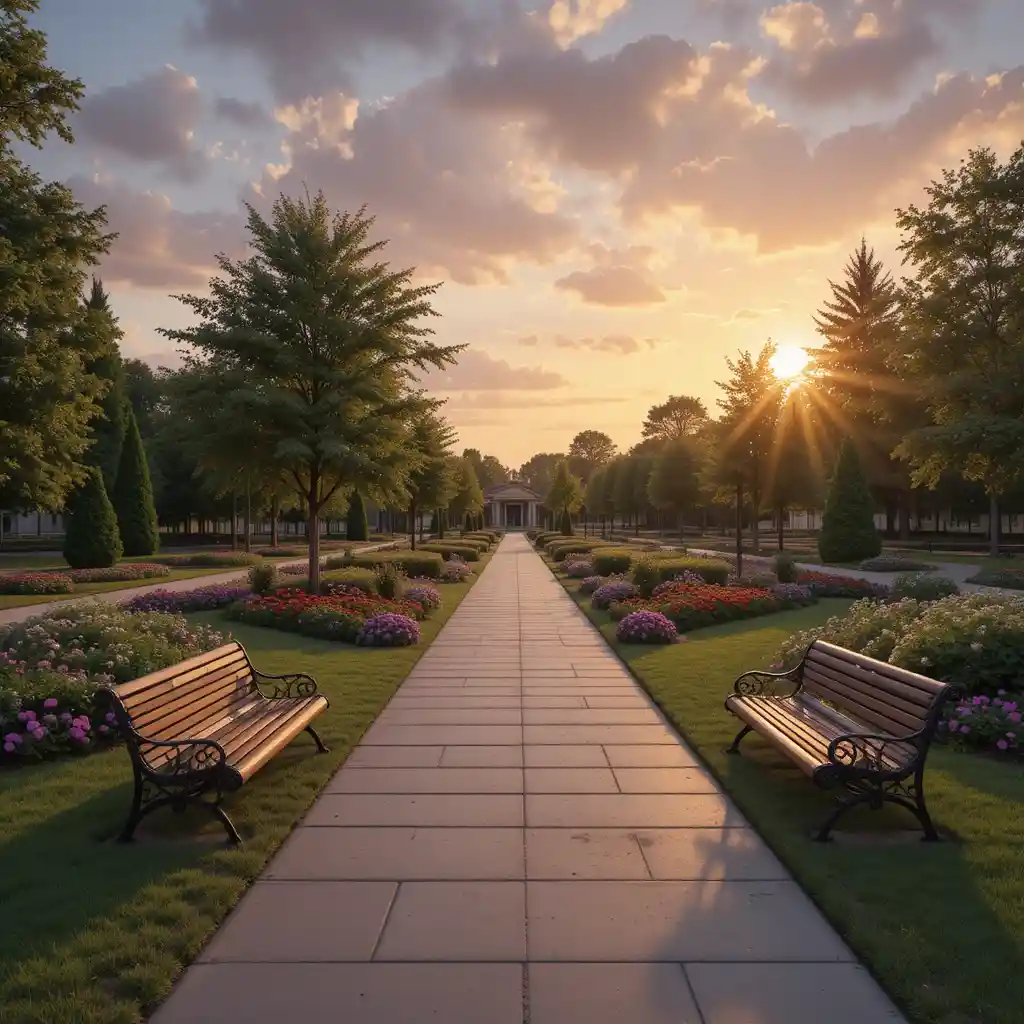 Peaceful urban park with benches in warm sunset light