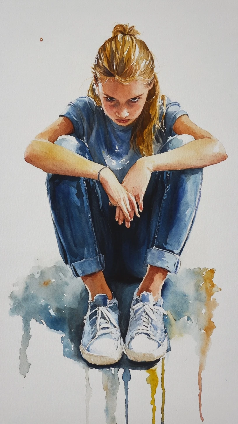 Aquarell eines Teenager-Mädchens, das senffarbene High-Top-Sneaker schnürt