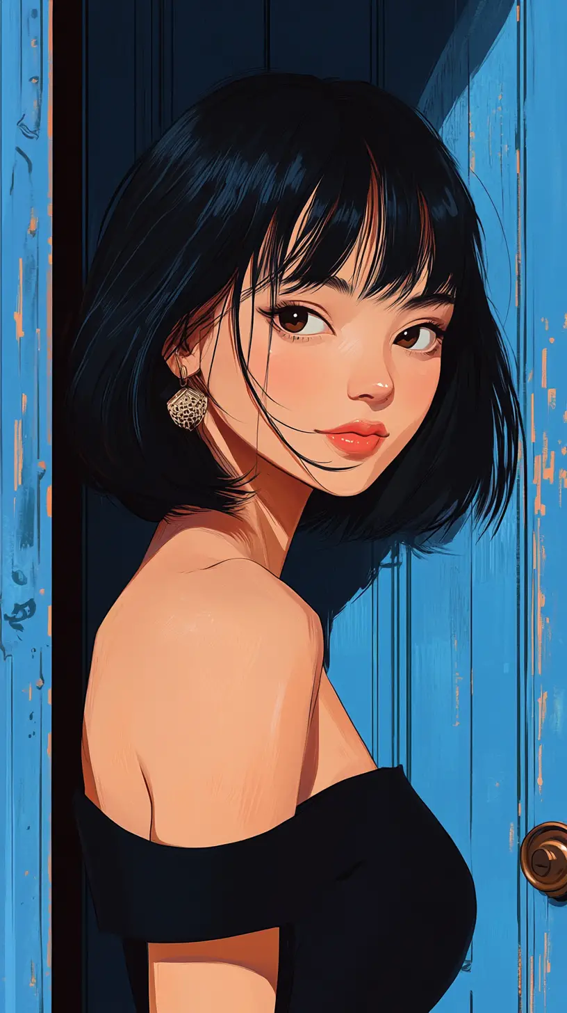 Smiling young woman peeking from behind a dark blue door