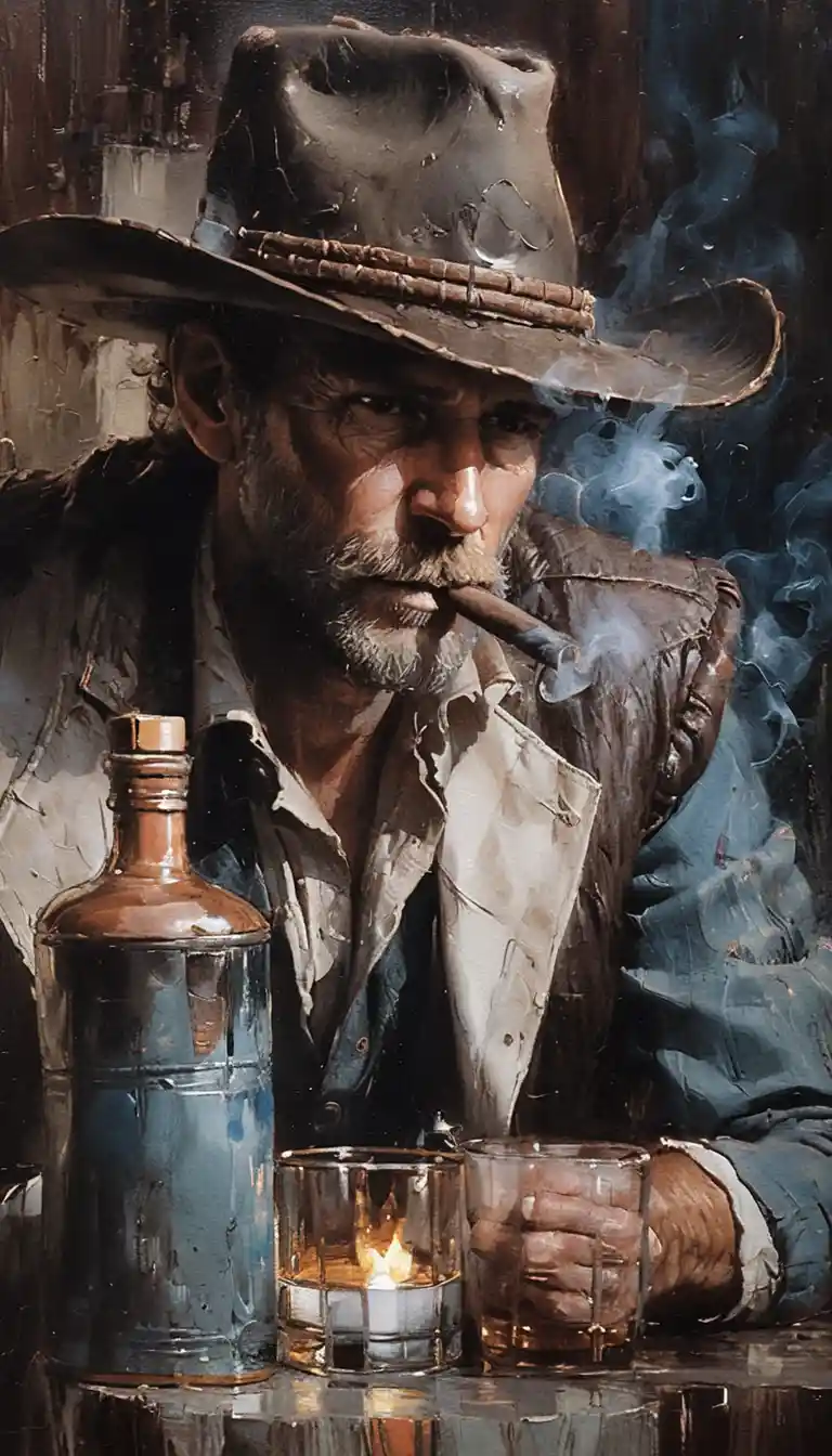 Vaquero barbudo y melancólico fumando un puro en retrato a contrapicado