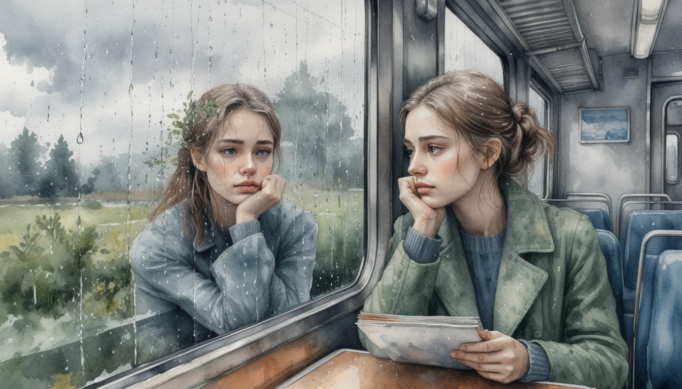 Melancholic girl in a train window watercolor scene