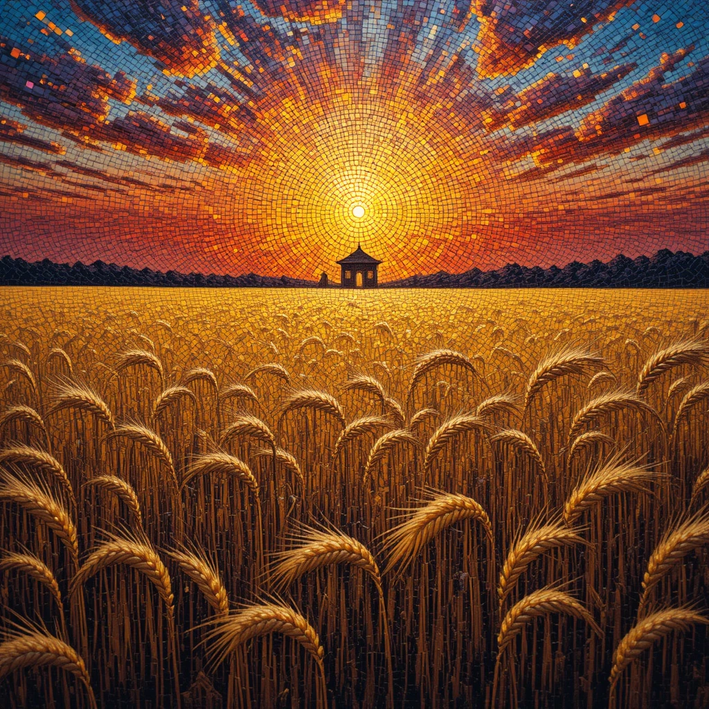 Champ de blé doré illuminé par un soleil brûlant et dramatique