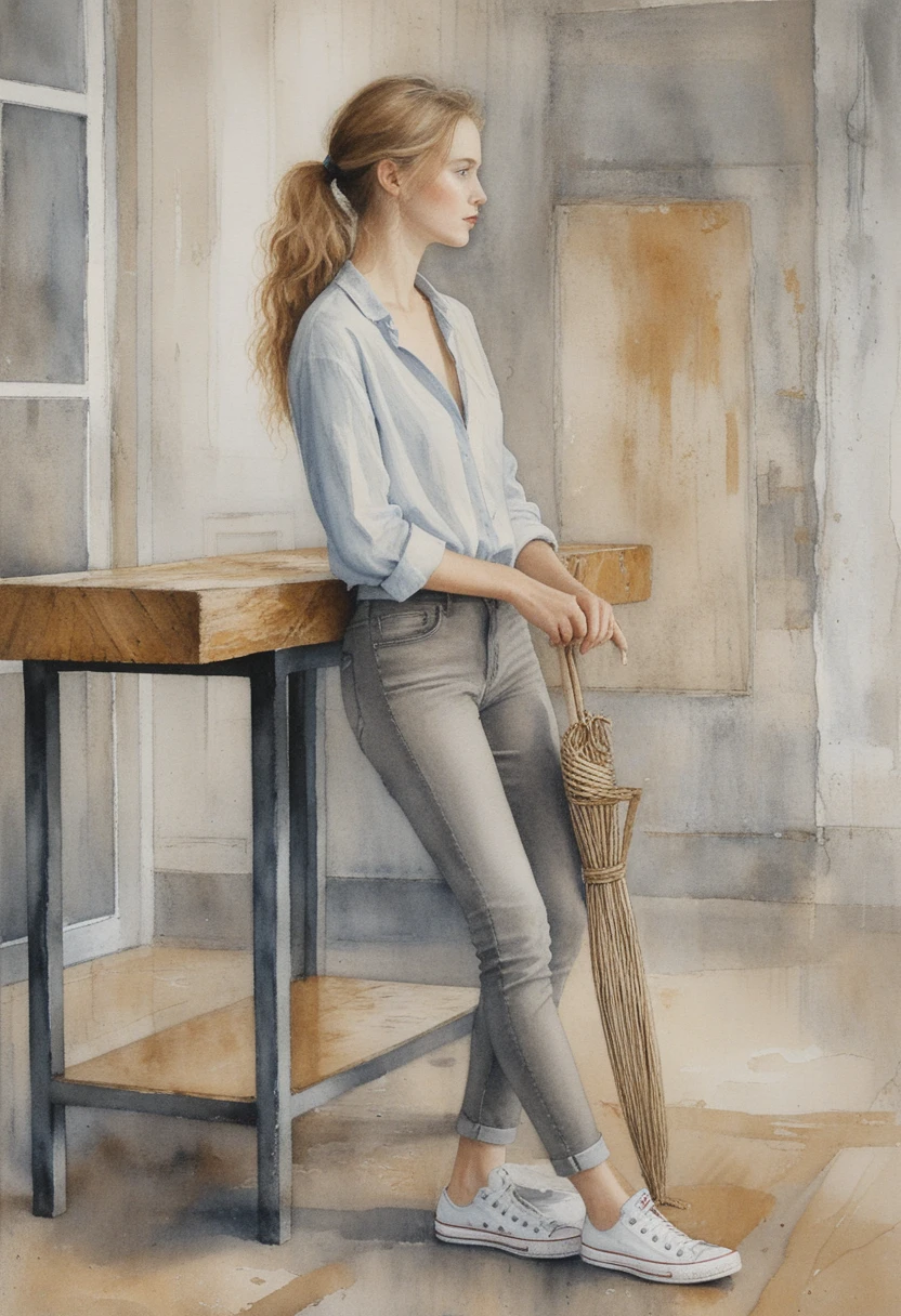 Watercolor of woman leaning on high table in rustic interior