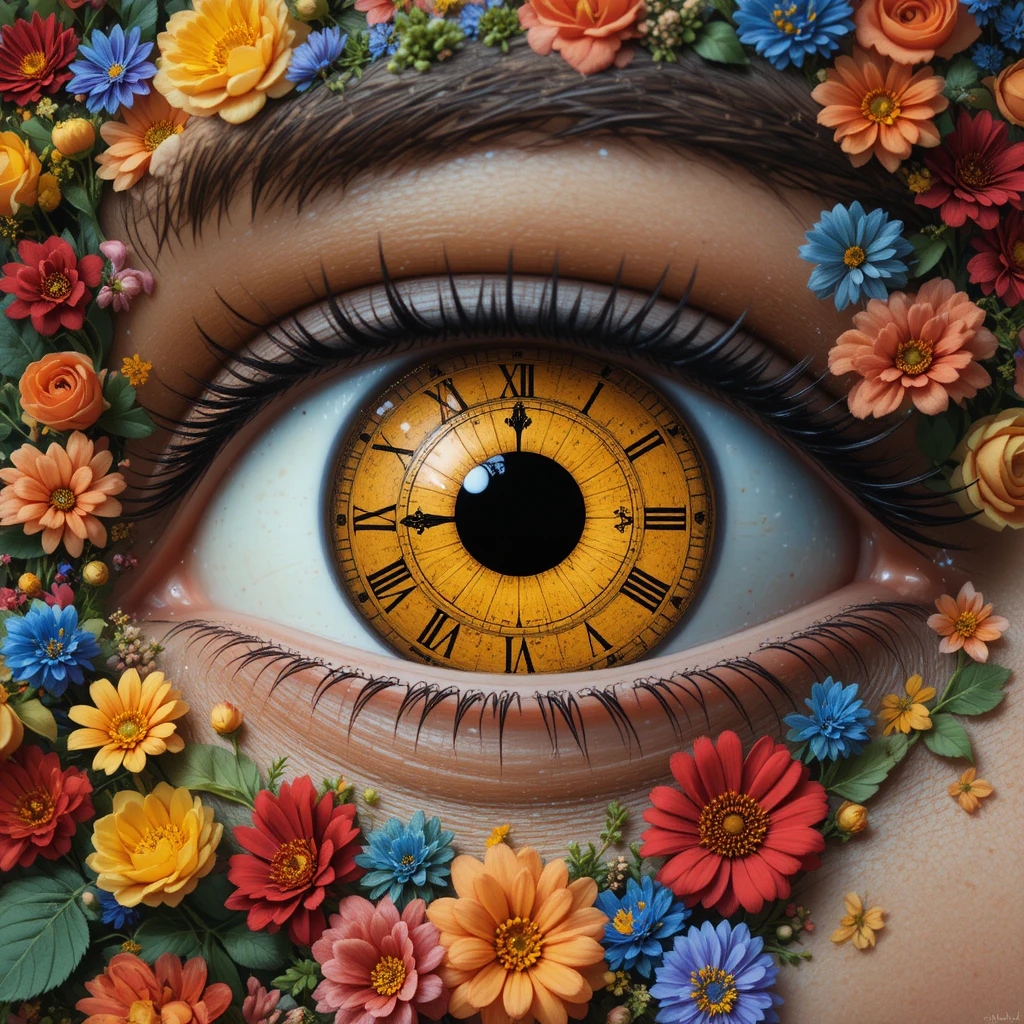 Surreal clockwork iris framed by vivid blooming flowers