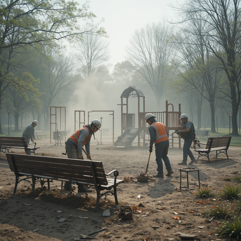 Trabajadores retirando bancos viejos en una obra de parque urbano