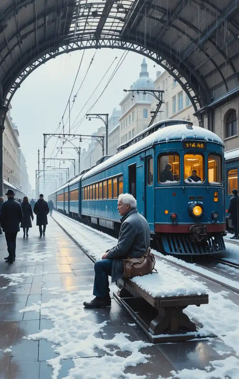 Elderly man waiting at a winter urban train station