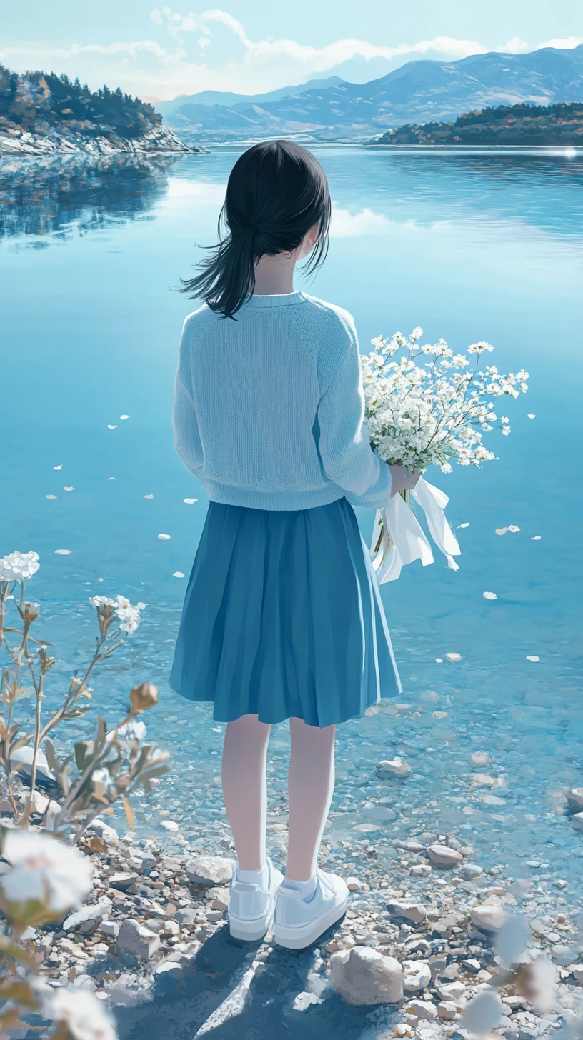 Chica de anime junto a un lago azul tranquilo con vista a las montañas