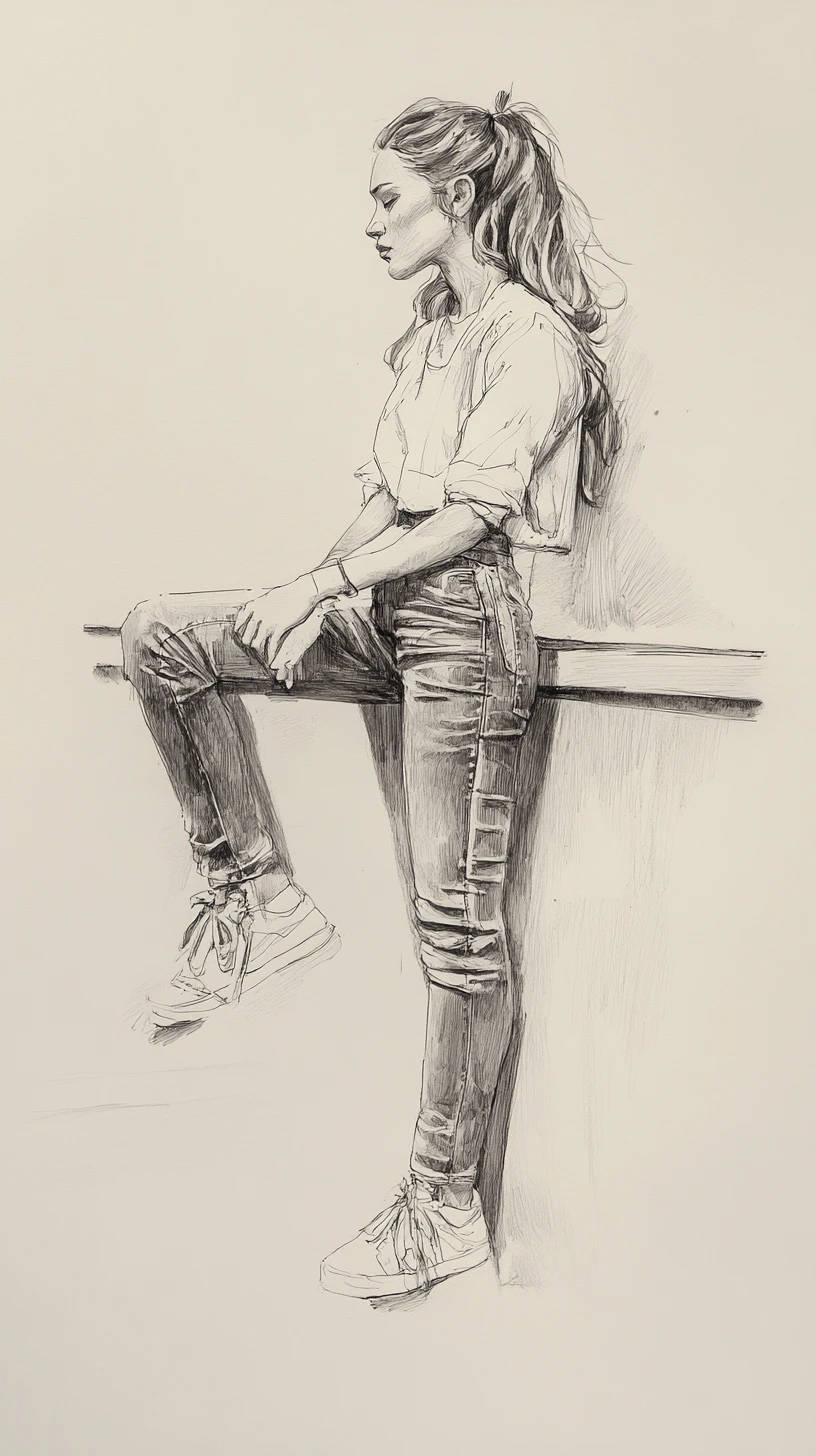 Watercolor of a young woman leaning on a high wooden table