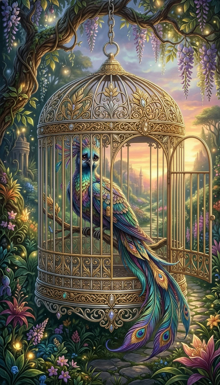 Caged fantasy bird gazing out in a magical garden