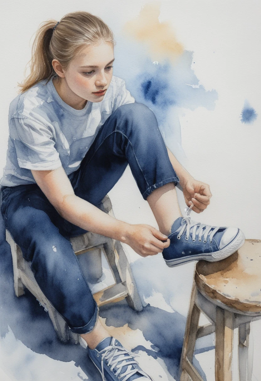 Aquarelle d’une adolescente nouant des baskets montantes jaunes