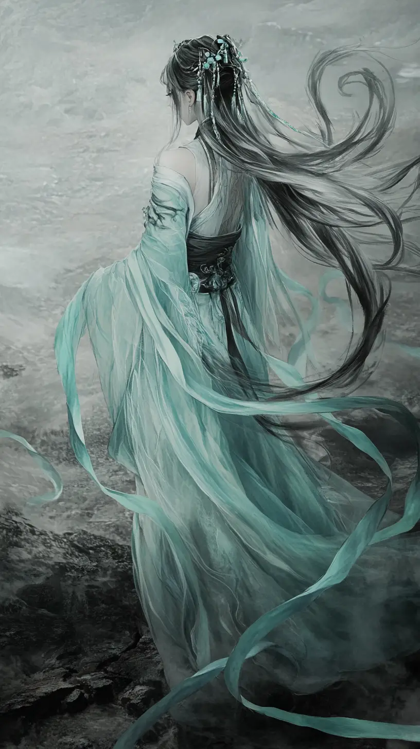 Woman in flowing turquoise dress in misty landscape