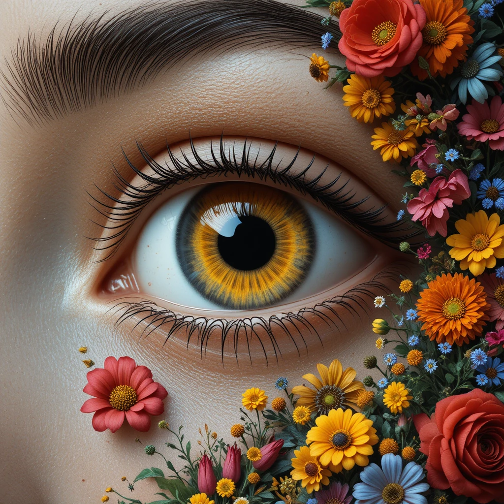 Surreal human eye with clock iris and blooming flowers