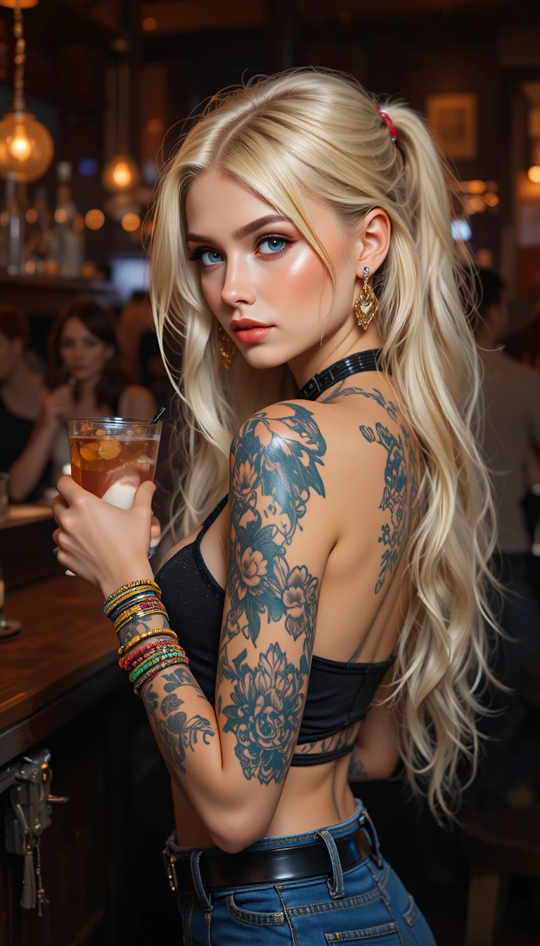 Confident blond woman with tattoos in a dim bar