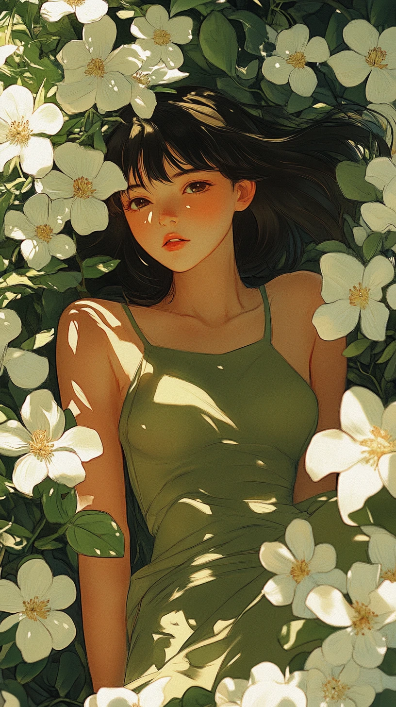 Donna manga vintage in abito verde tra fiori bianchi