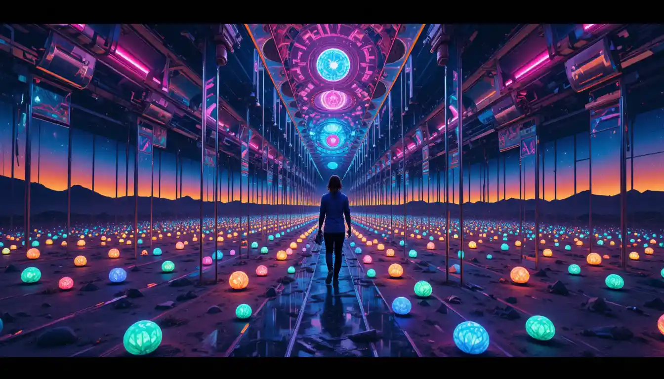 Infinite droste mirrors in a psychedelic neon desert night