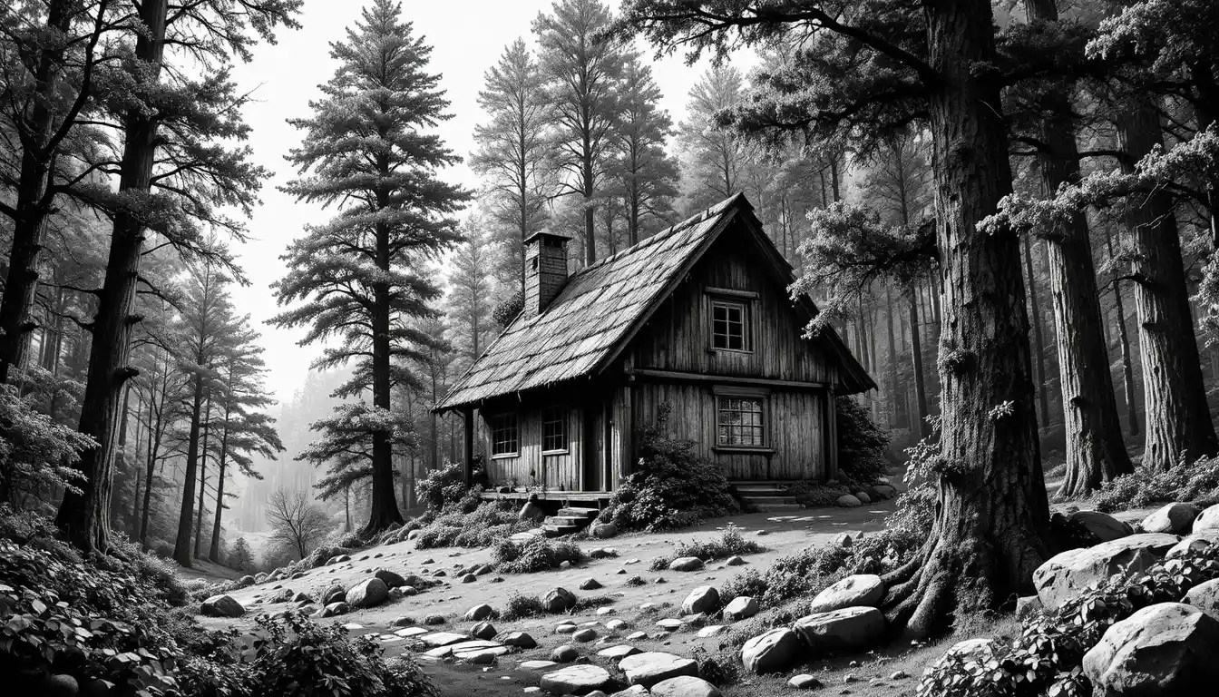 Rustic forest hut rendered as detailed black and white engraving