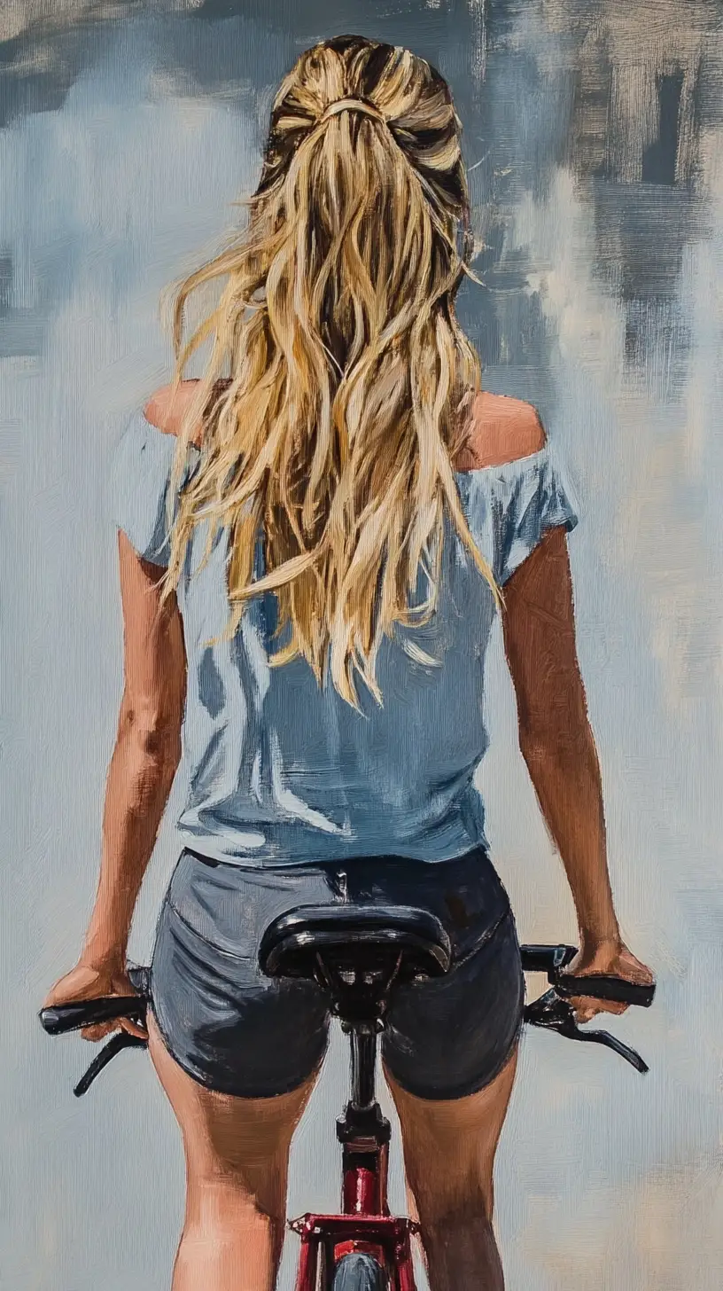 Blonde woman cycling through a bright urban street scene