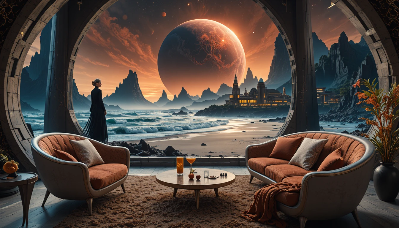 Futuristic luxury living room with carmine sofa and silver table