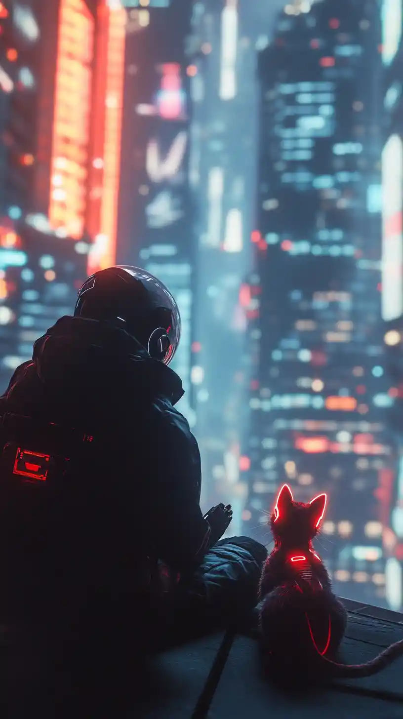 Astronaut With Robotic Cat Overlooking Neon City Skyline