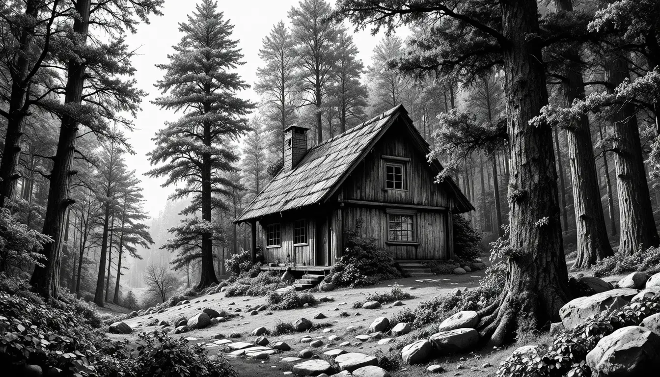 Rustic forest hut rendered as detailed black and white engraving