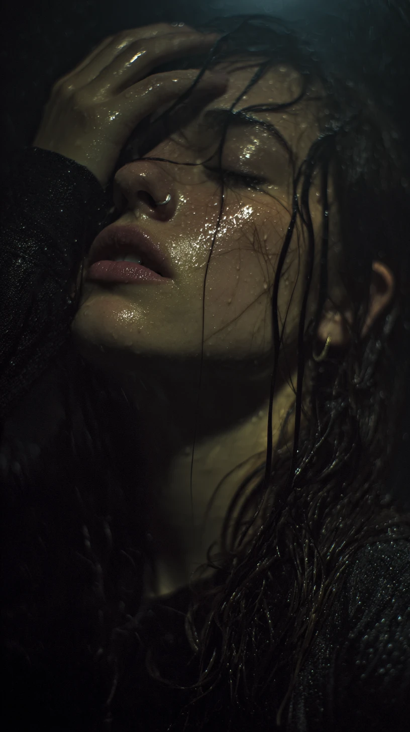 Young woman in the rain at night with eyes closed