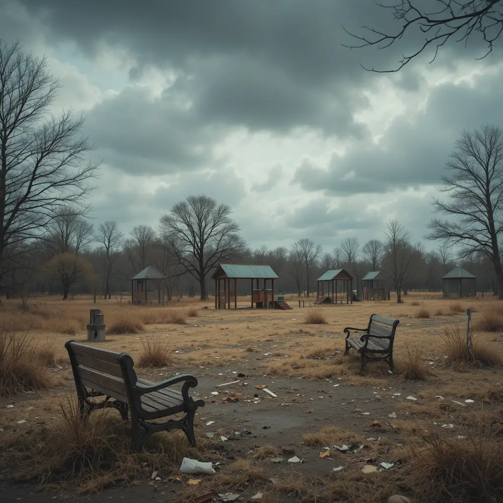 Abandoned City Park With Rusty Playground And Broken Benches