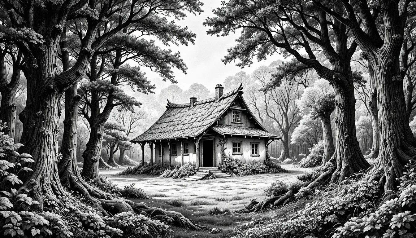 Forest hut engraving framed by detailed black and white trees