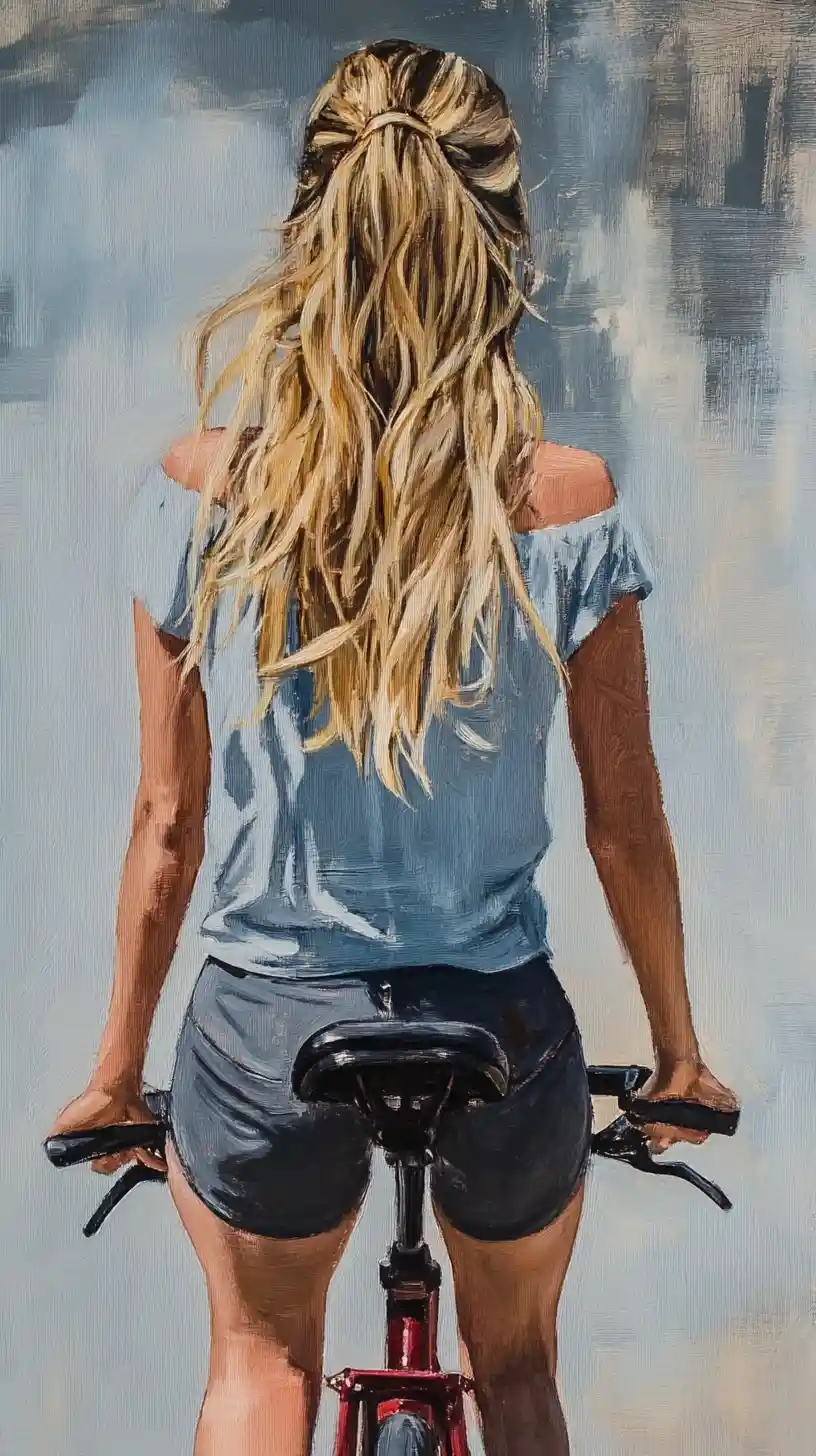 Blonde woman cycling through a bright urban street scene