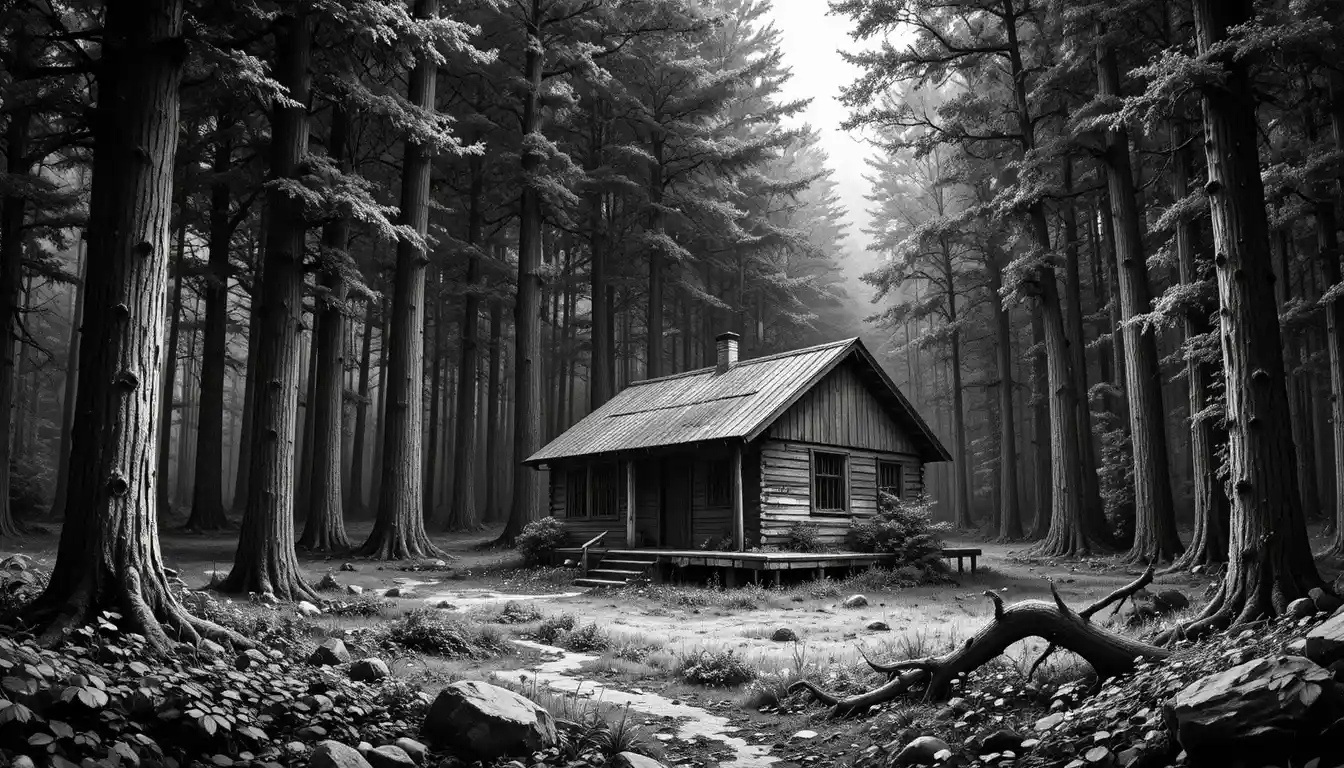Rustic forest hut in detailed black and white engraving